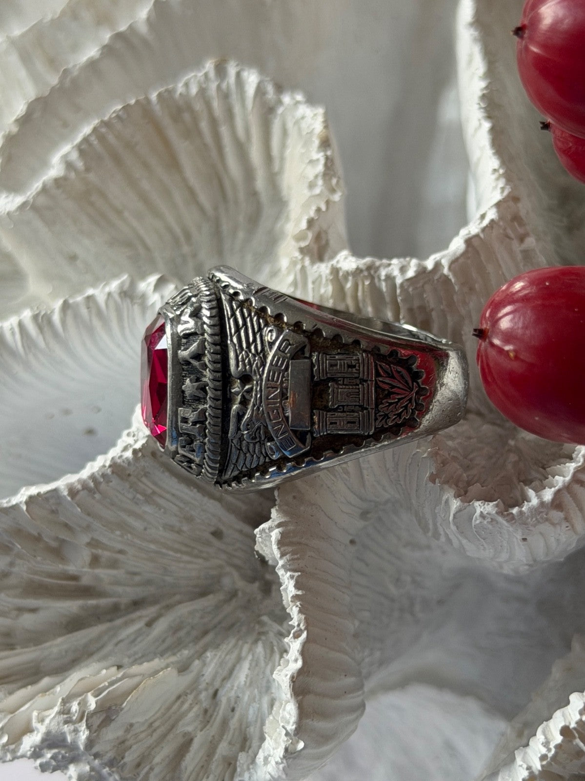 Jostens Yltm U.S Army Engineer 925 Sterling Silver Ruby Ring Size 8.5