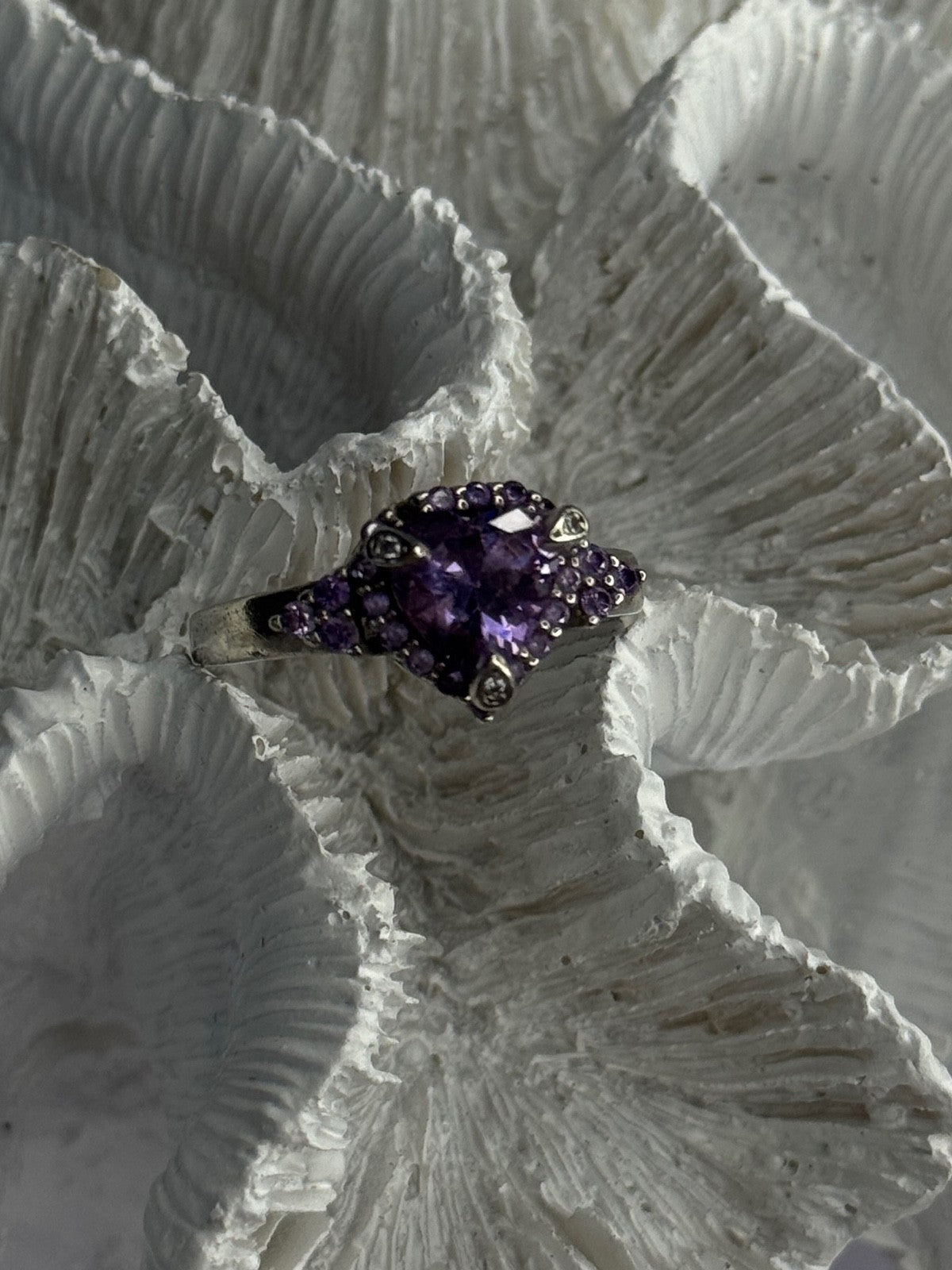 925 Sterling Silver Amethyst & Diamond Heart Ring Size 8.5