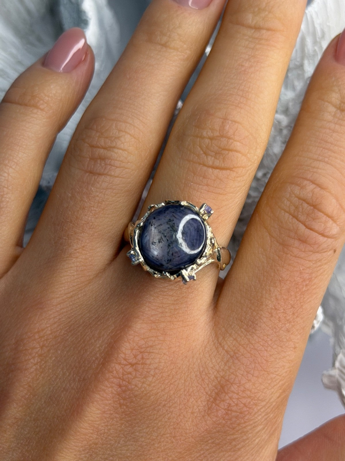 925 Sterling Silver Blue Tumbled Sapphire & Iolite Ring Size 9