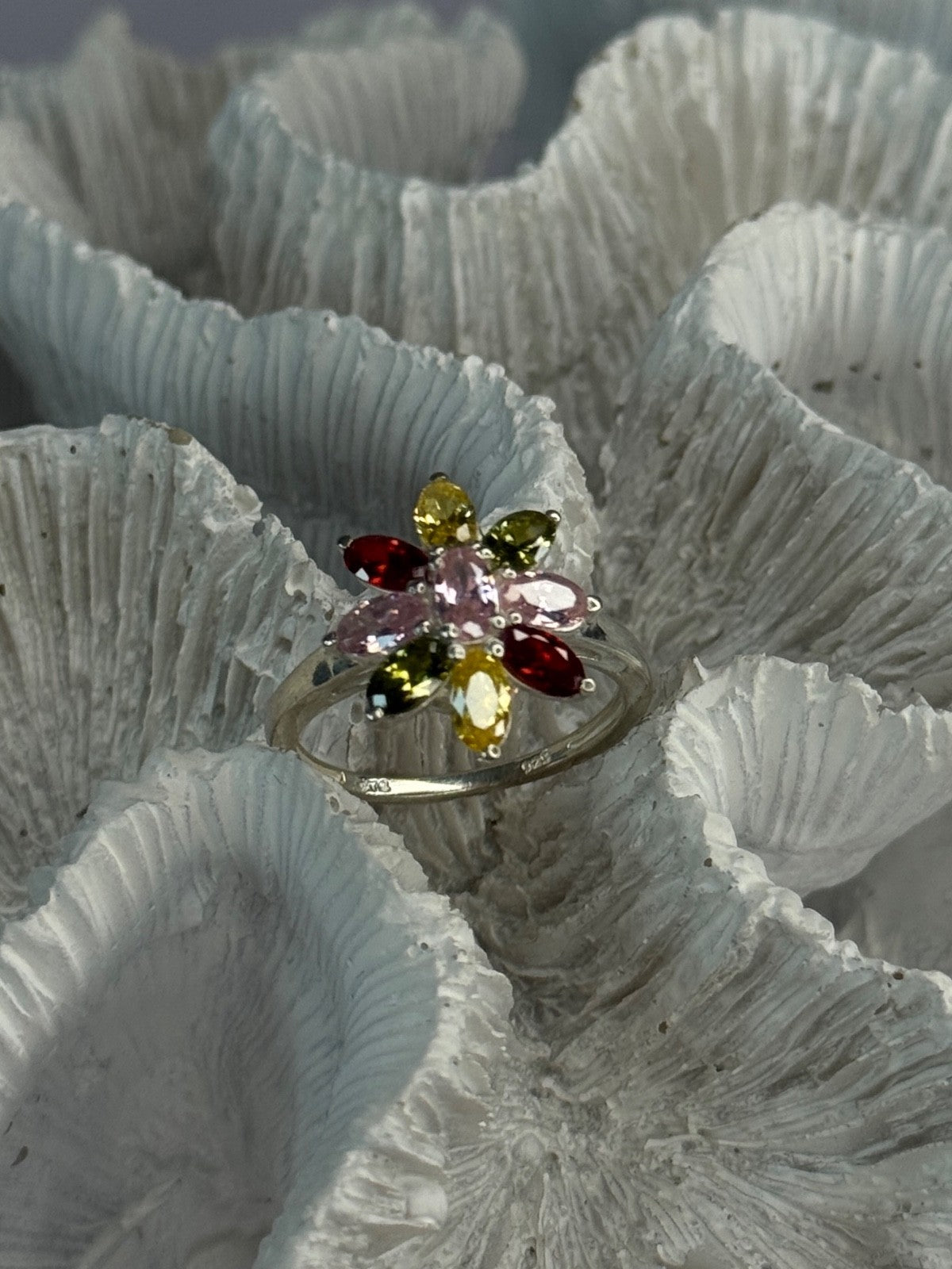 925 Sterling Silver Multi Color Spinel Flower Ring Size 7