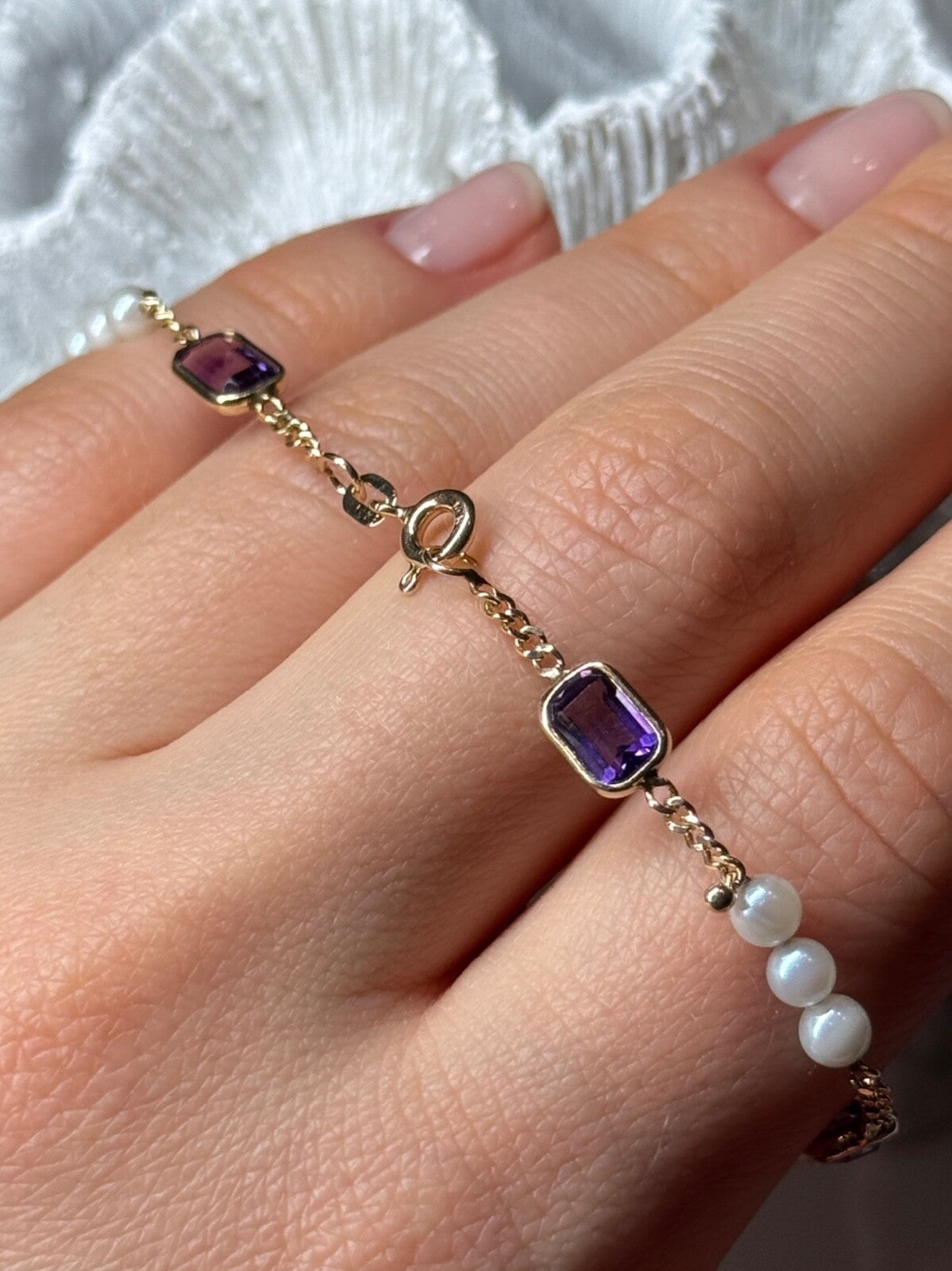 14K Yellow Gold Amethyst & Pearls Bracelet Length 7