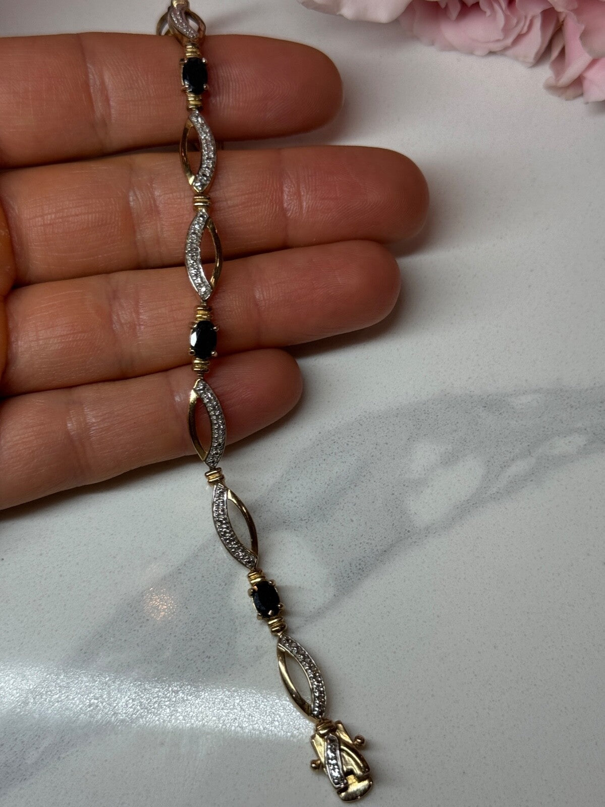 925 Sterling Silver Gold Plated Sapphire Bracelet Length 7.5 in