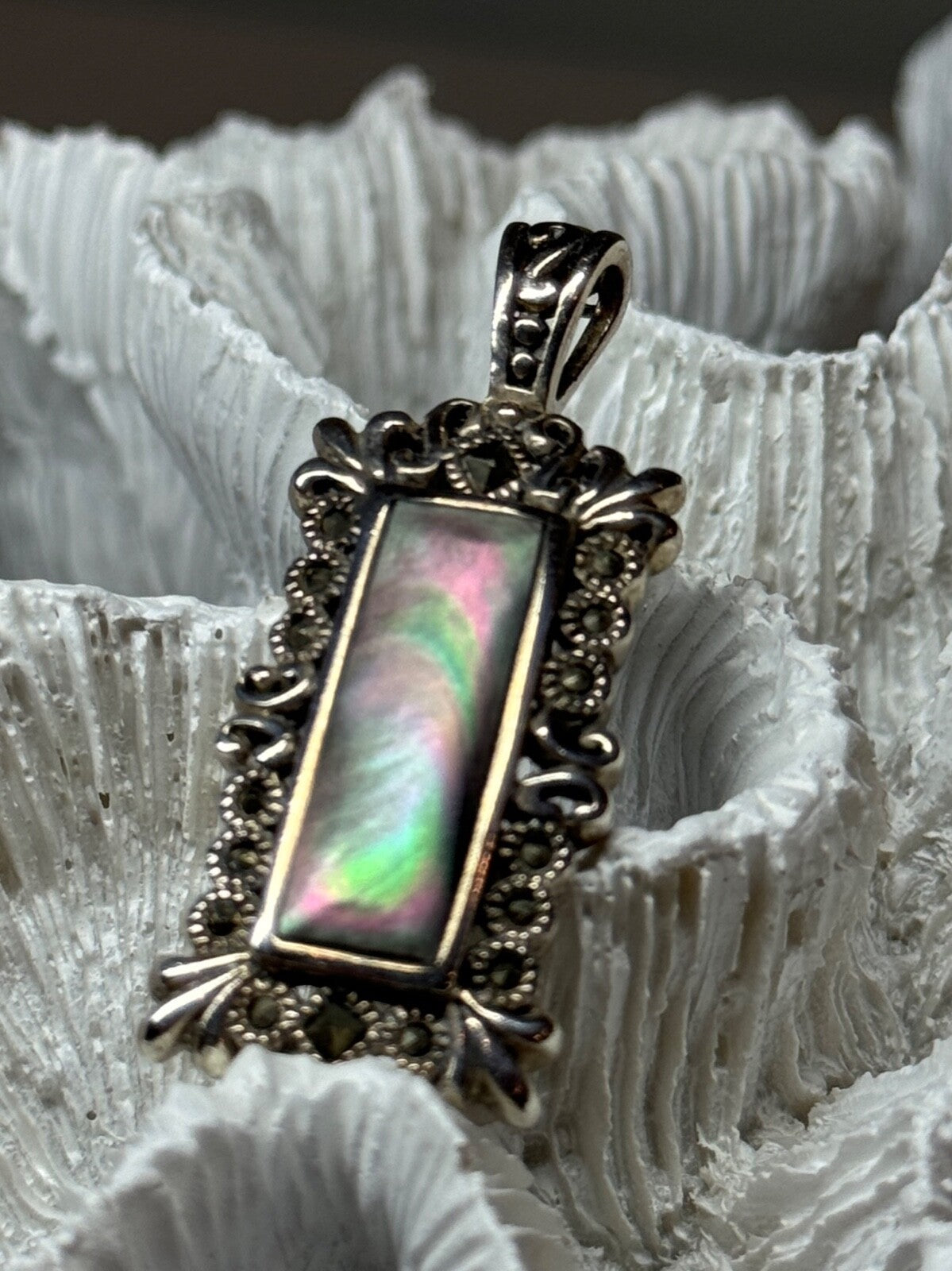 925 Sterling Silver Abalone Pendant Length 1.6 In