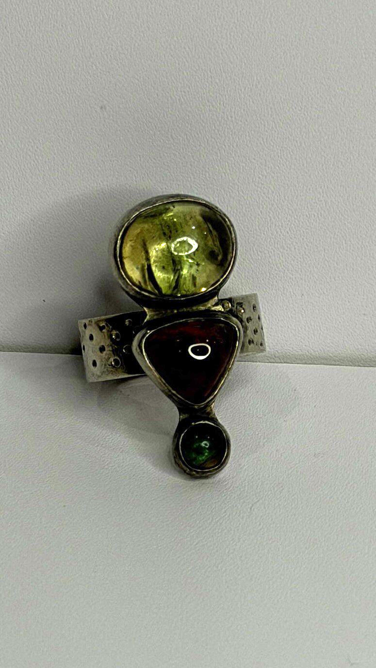 Carol Felley Vintage 925 Sterling Silver Peridot & Tourmaline Ring Size 6.5
