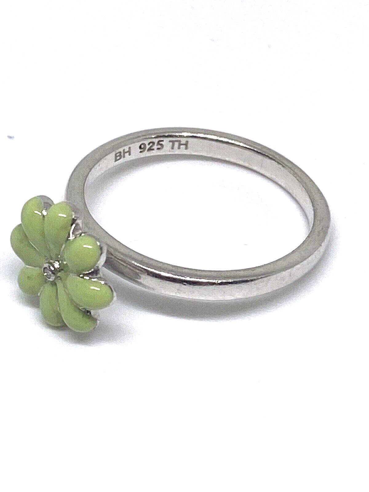 925 Sterling Silver Colorless Sapphire and Green Enamel "Flower" Ring Size 8