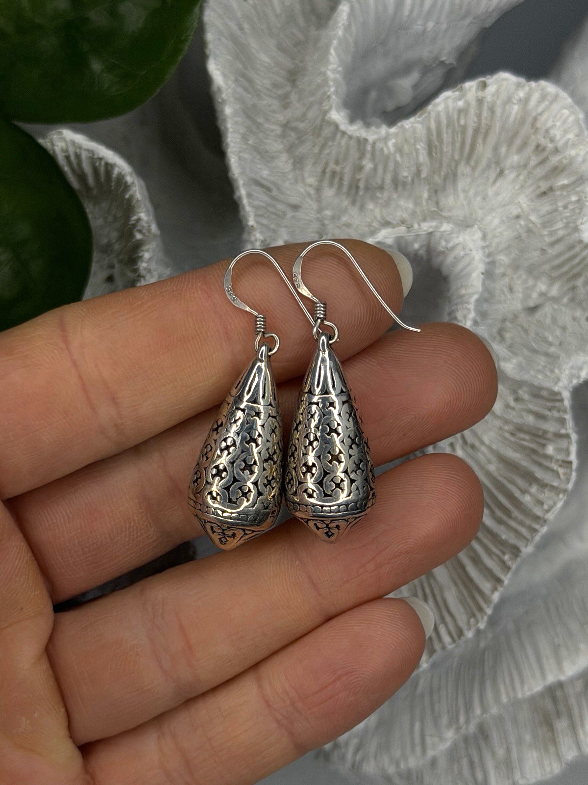 Filigree Teardrop Dangle 925 Sterling Silver Earrings