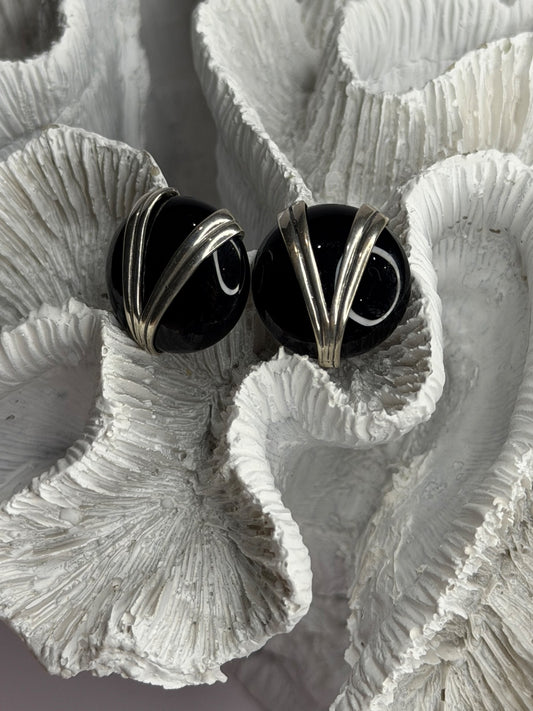 Vintage 925 Sterling Silver Black Onyx Earrings