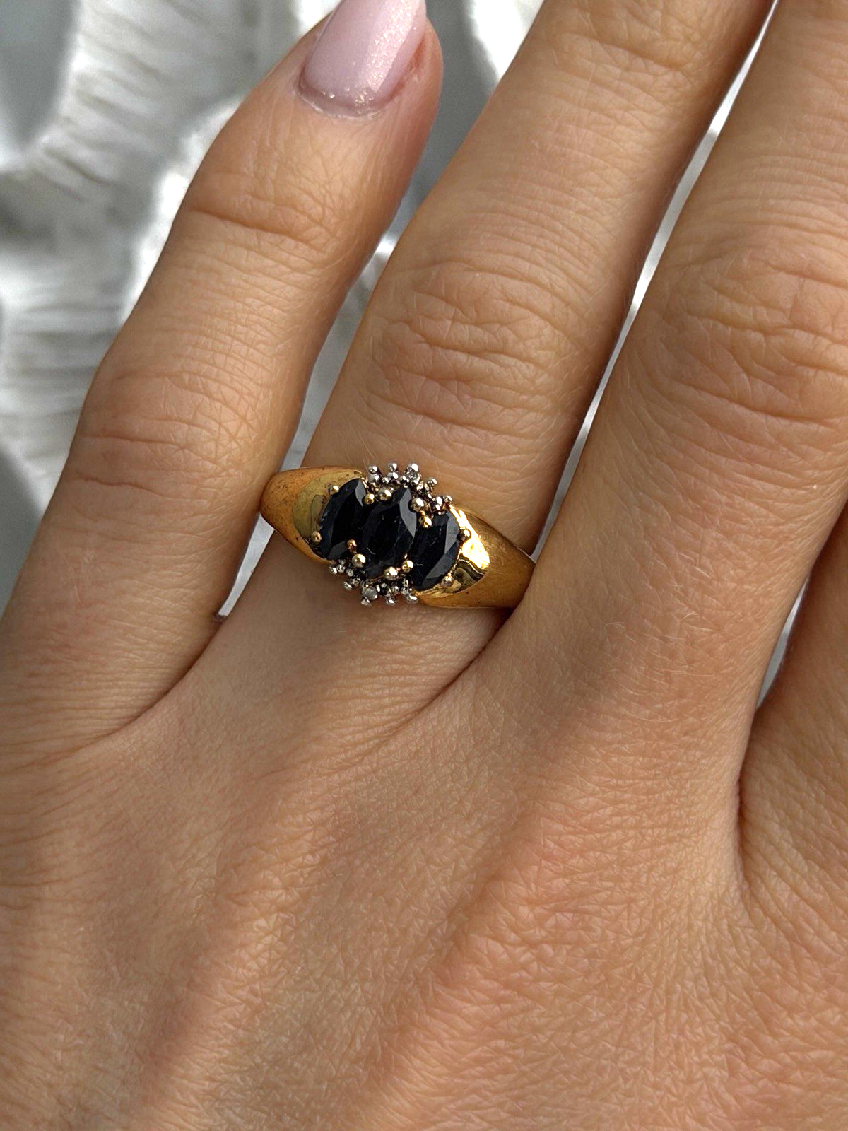 925 Sterling Silver Gold Plated Dark Blue Sapphire & Diamond Ring Size 7.5