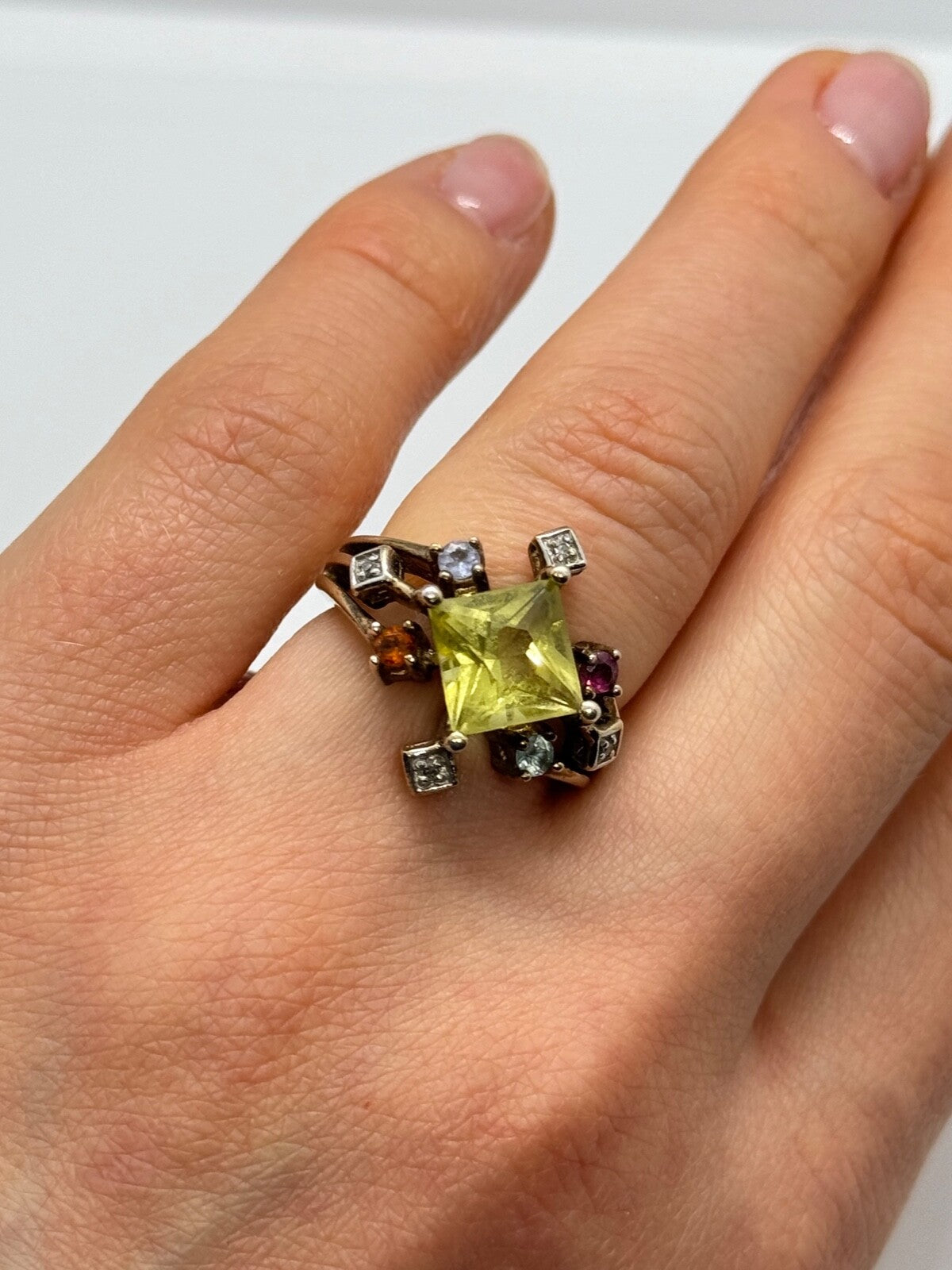 925 Sterling Silver SLV Tourmalines & Diamonds Ring Size 5.5