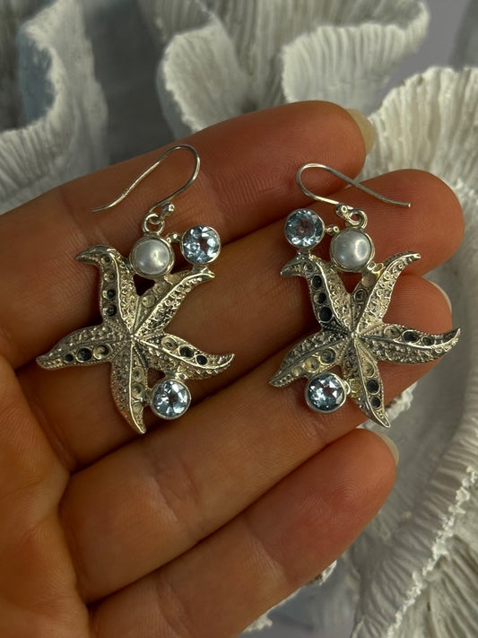 925 Sterling Silver See Star Blue Topaz & Pearl Earrings Length 1.70 Inch