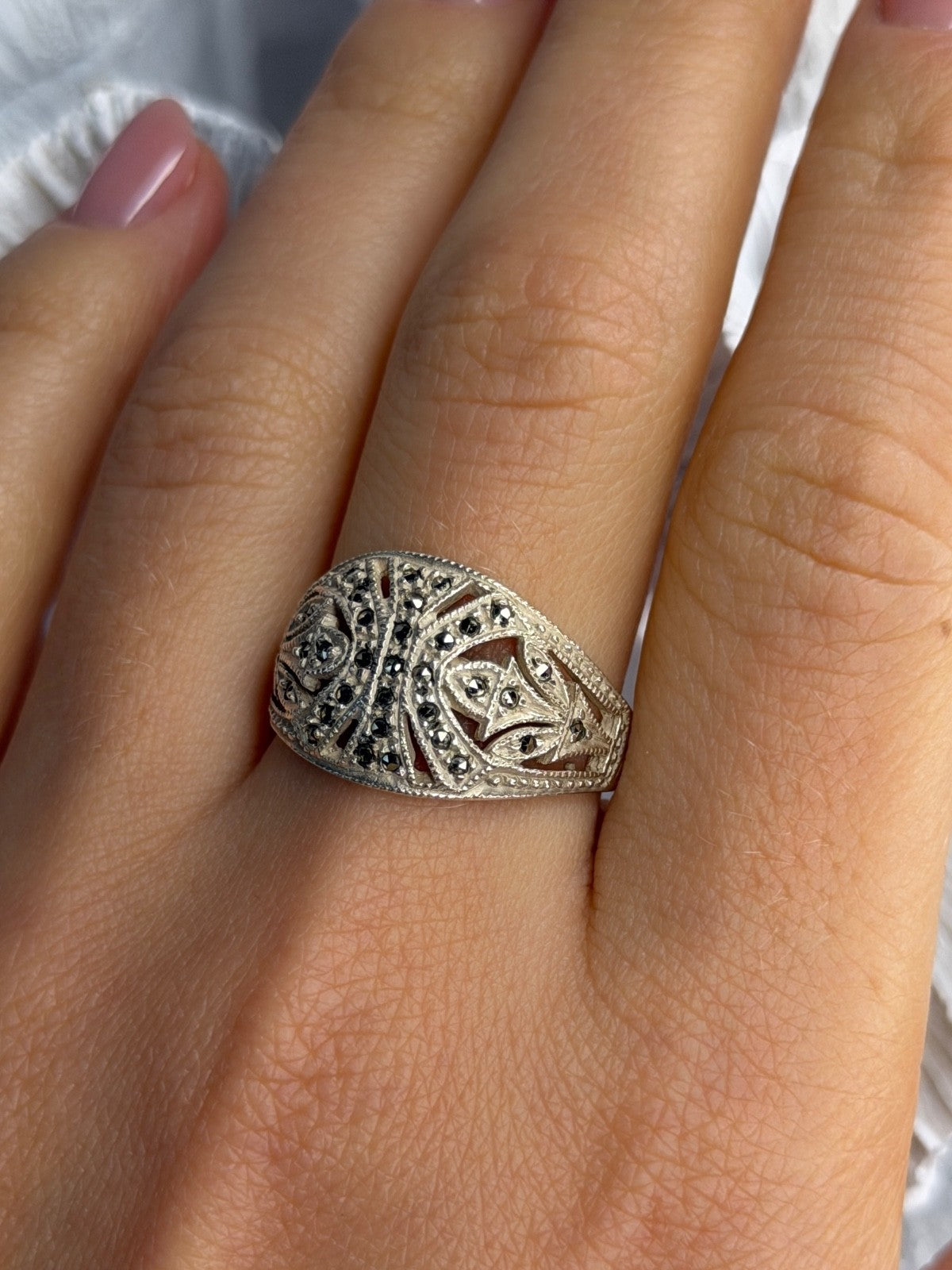 Vintage 925 Sterling Silver Marcasite Ring Size 10