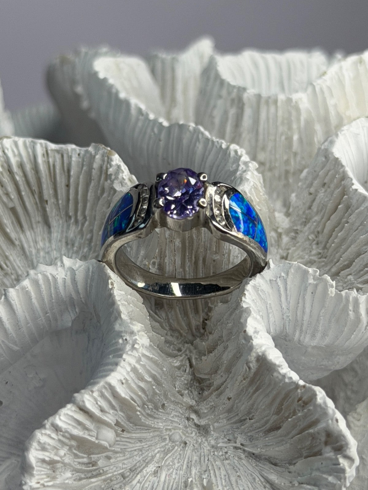 AK 925 Sterling Silver Amethyst & Opal & Beryl Ring Size 8