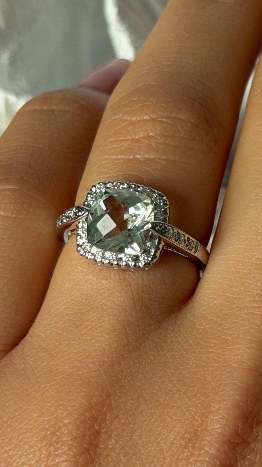 14K 585 White Gold Prasiolite Green Amethyst & Diamond Ring Size 6