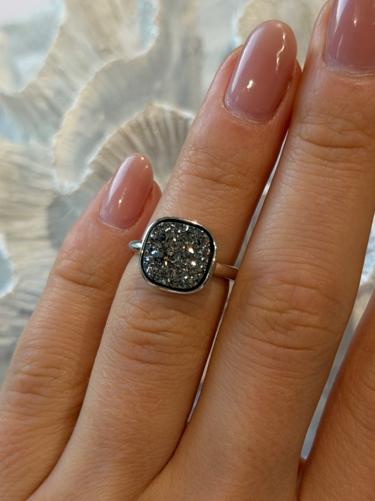 925 Sterling Silver Black Druzy Quartz Ring Size 5