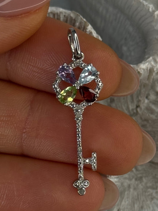 925 Sterling Silver Flower Key Multi Color Gemstones Pendant Length 1.40 Inch