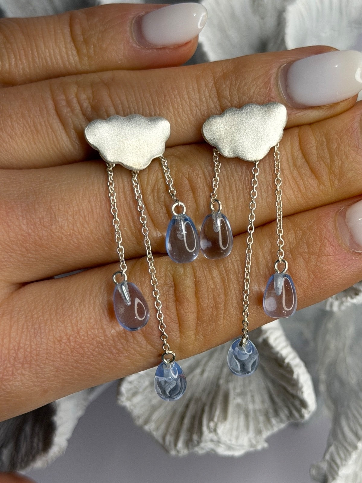 Cloud Tassel Raindrops 925 Sterling Silver Blue Crystal Earrings