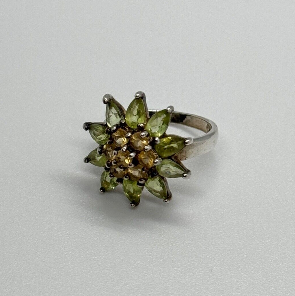 925 Sterling Silver Peridot & Citrine Flower Ring Size 4.5