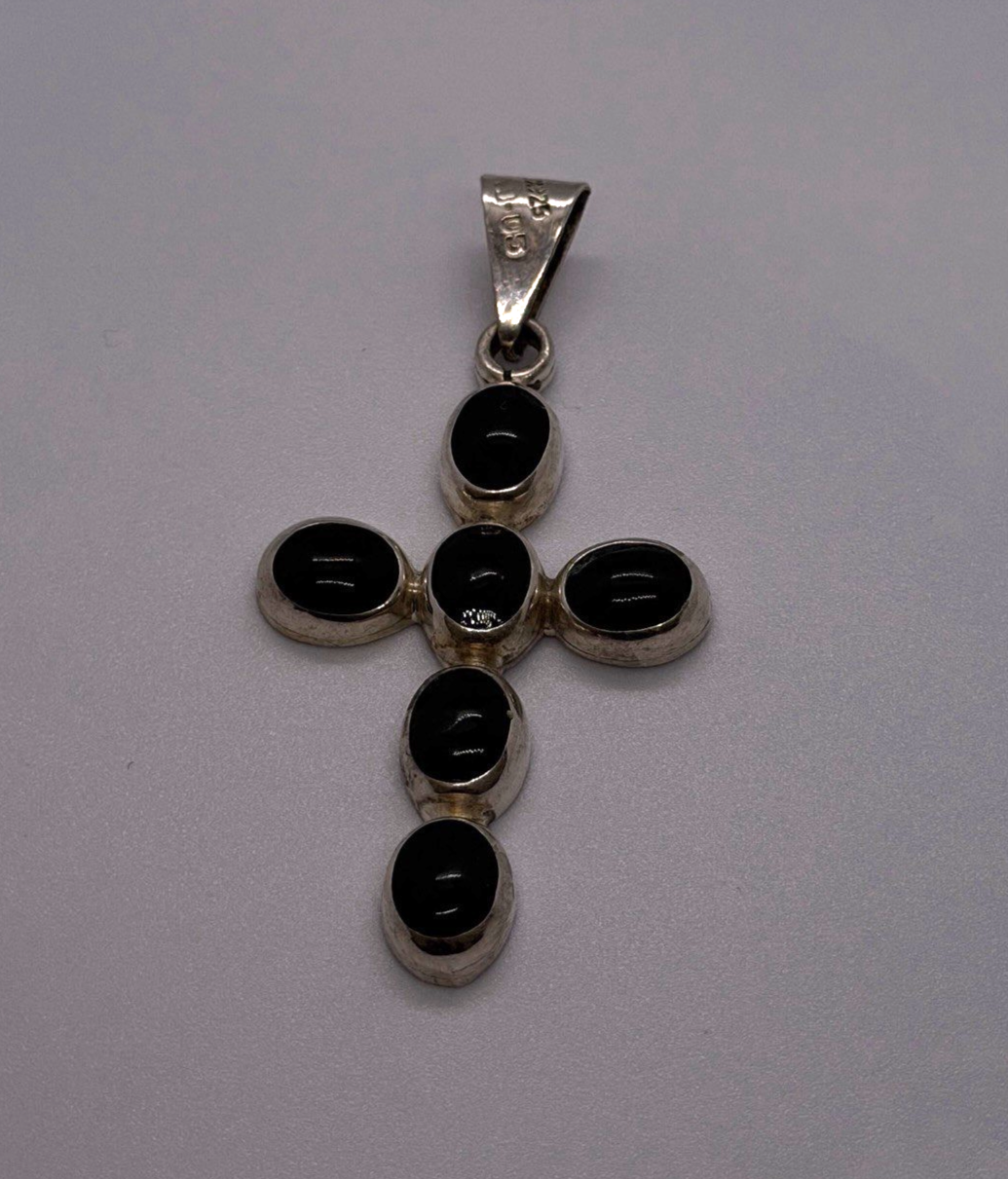 Vintage 925 Sterling Silver Black Onyx Cross