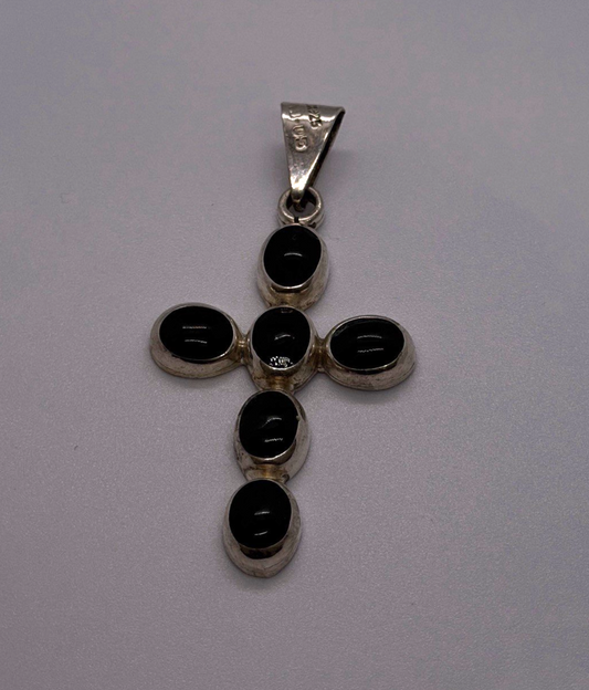 Vintage 925 Sterling Silver Black Onyx Cross