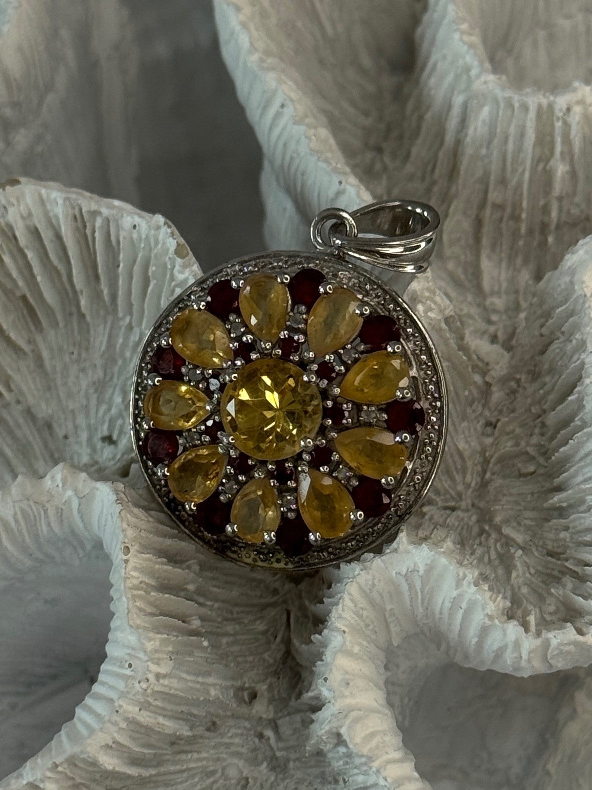 925 Sterling Silver Citrine Garnet Diamond Pendant Length 1.50 Inch
