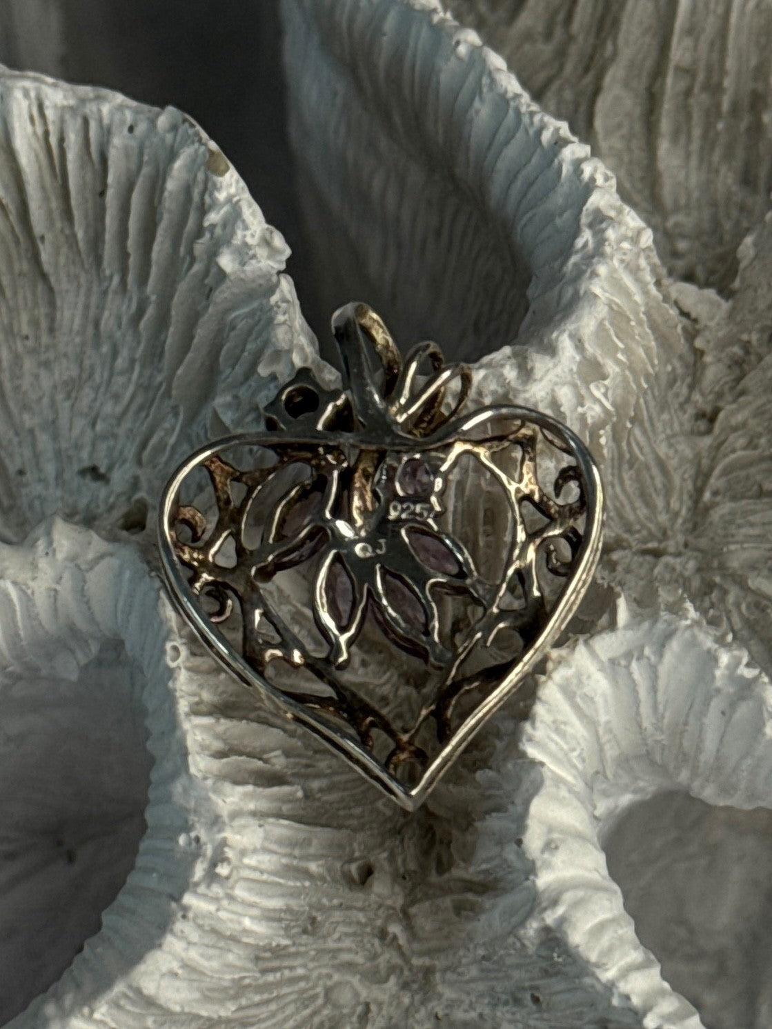 925 Sterling Silver Amethyst Heart Pendant Length 1 Inch