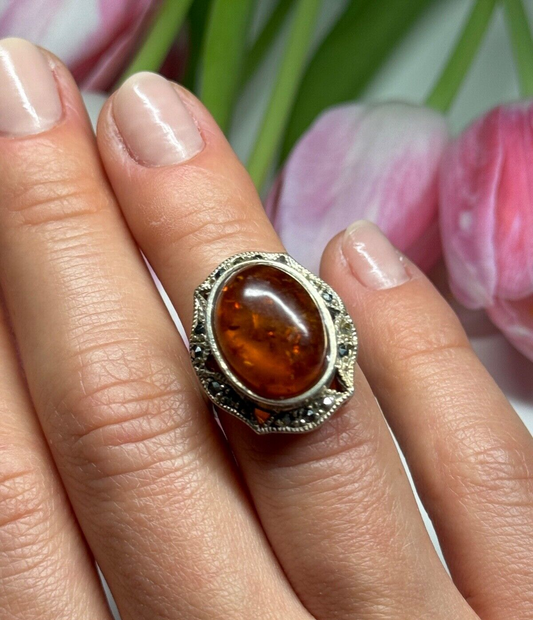 925 Sterling Silver Amber & Marcasite Ring Size 5