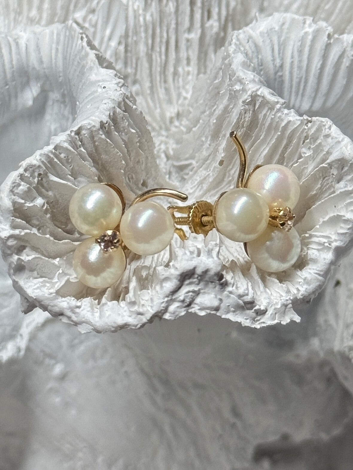 10K Yellow Gold Pearls & Diamonds Earrings Length 0.5 Inch