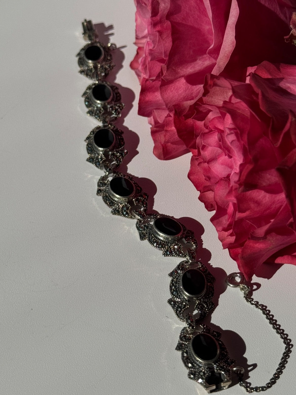Vintage 925 Sterling Silver Onyx & Marcasite Bracelet 7 Inch