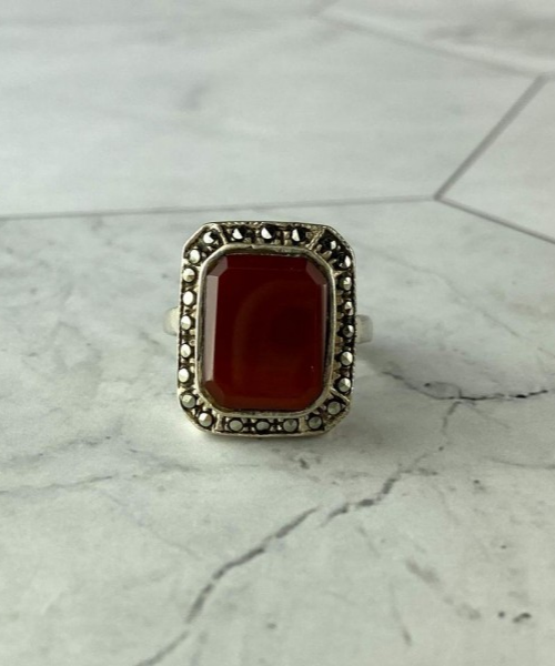 Vintage 925 Sterling Silver Agate & Marcasites Ring Size 7