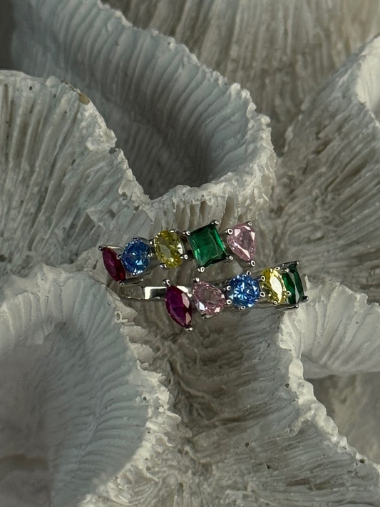 925 Sterling Silver Ring Multicolor CZ Size 7 Sizable