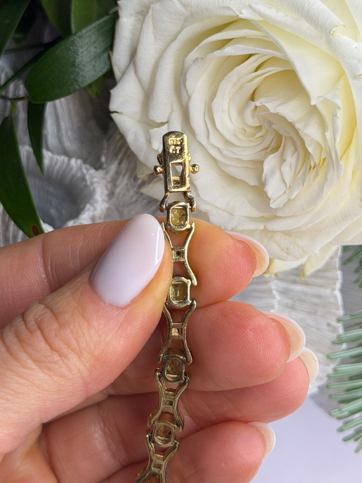 925 Sterling Silver Gold Plated Peridot & Beryl Bracelet Size 7.5