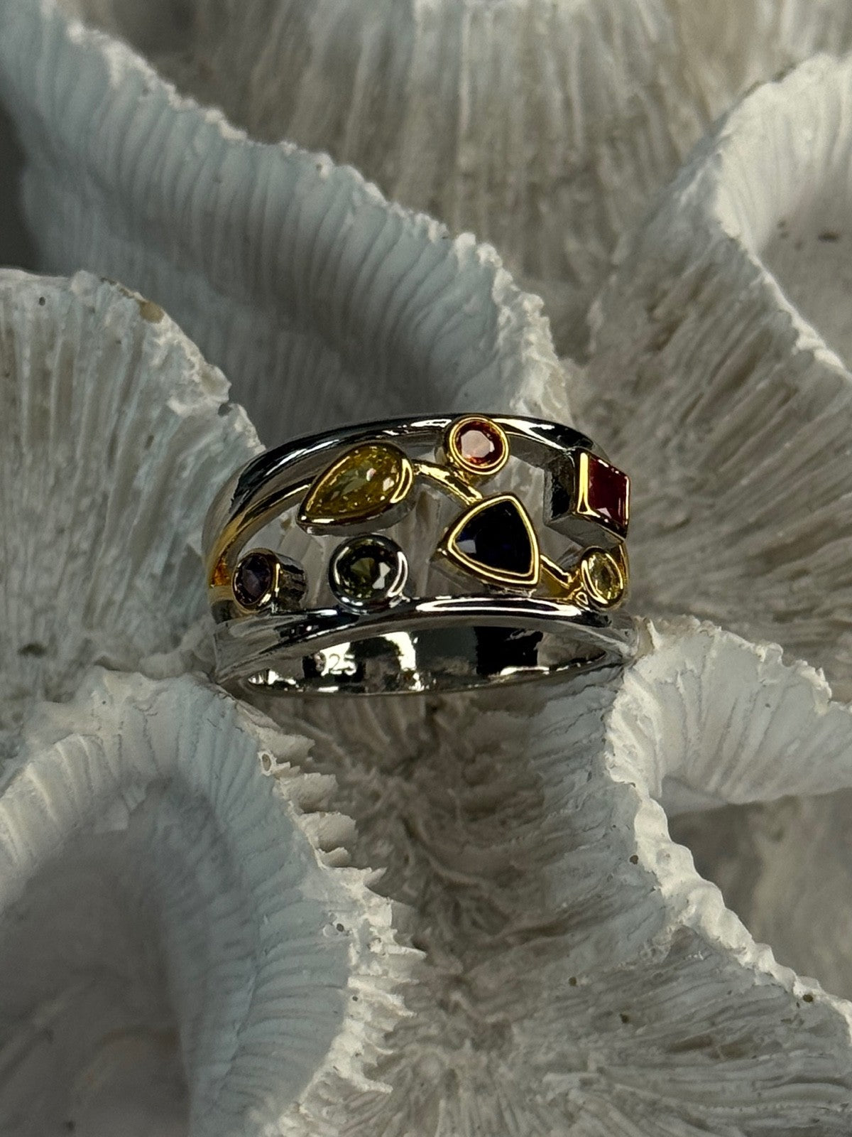 925 Sterling Silver Gold Plated Part Multi Color Gemstones Ring Size 8