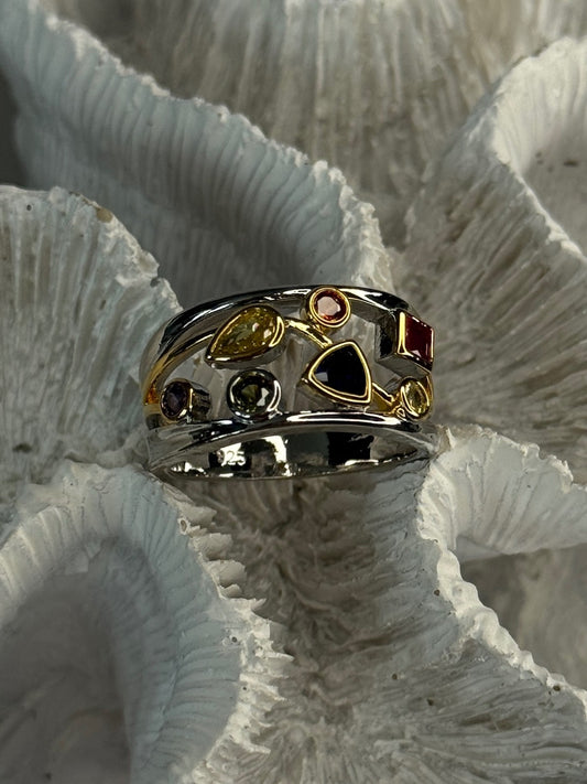 925 Sterling Silver Gold Plated Part Multi Color Gemstones Ring Size 8