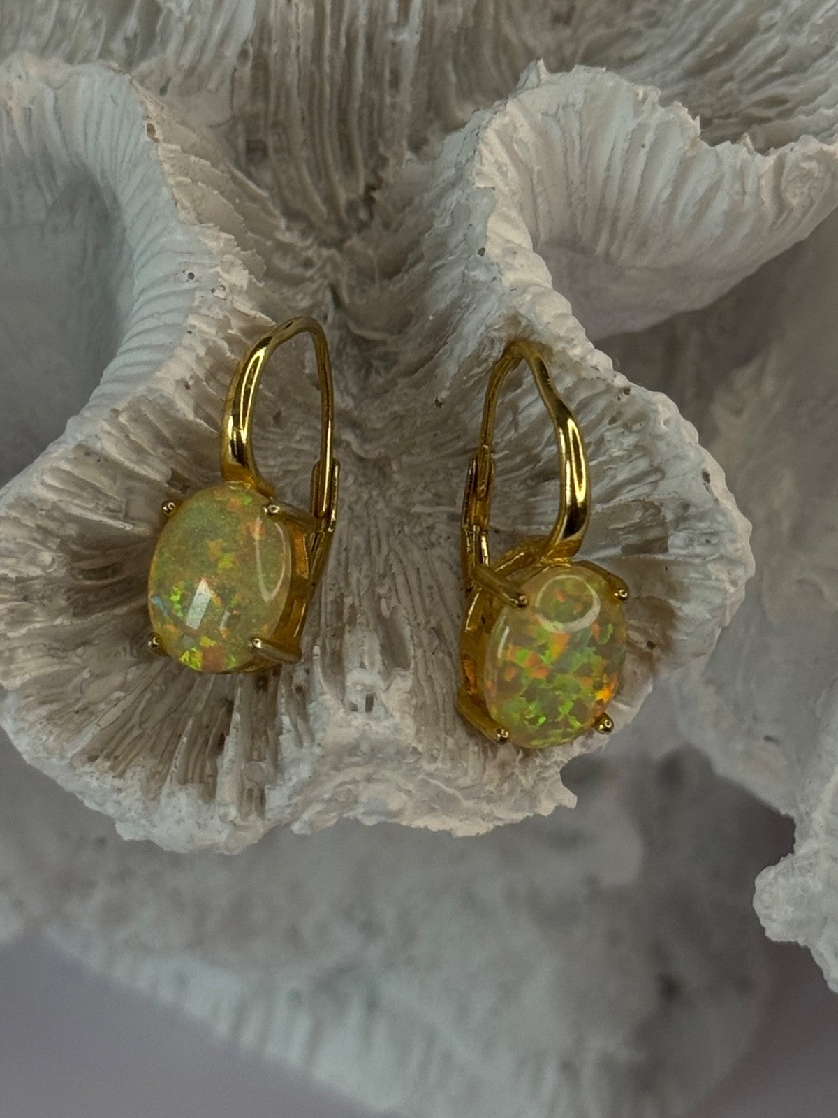 925 Sterling Silver Gold Plated Opal Earrings Length 0.70 Inch