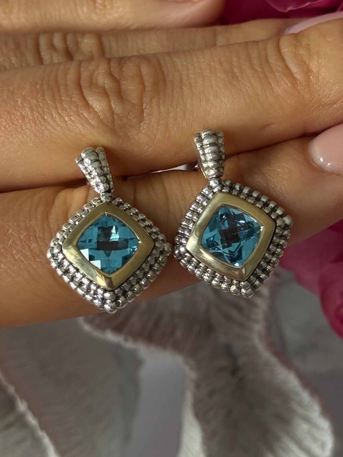 14K Yellow Gold & 925 Sterling Silver Blue Topaz Earrings
