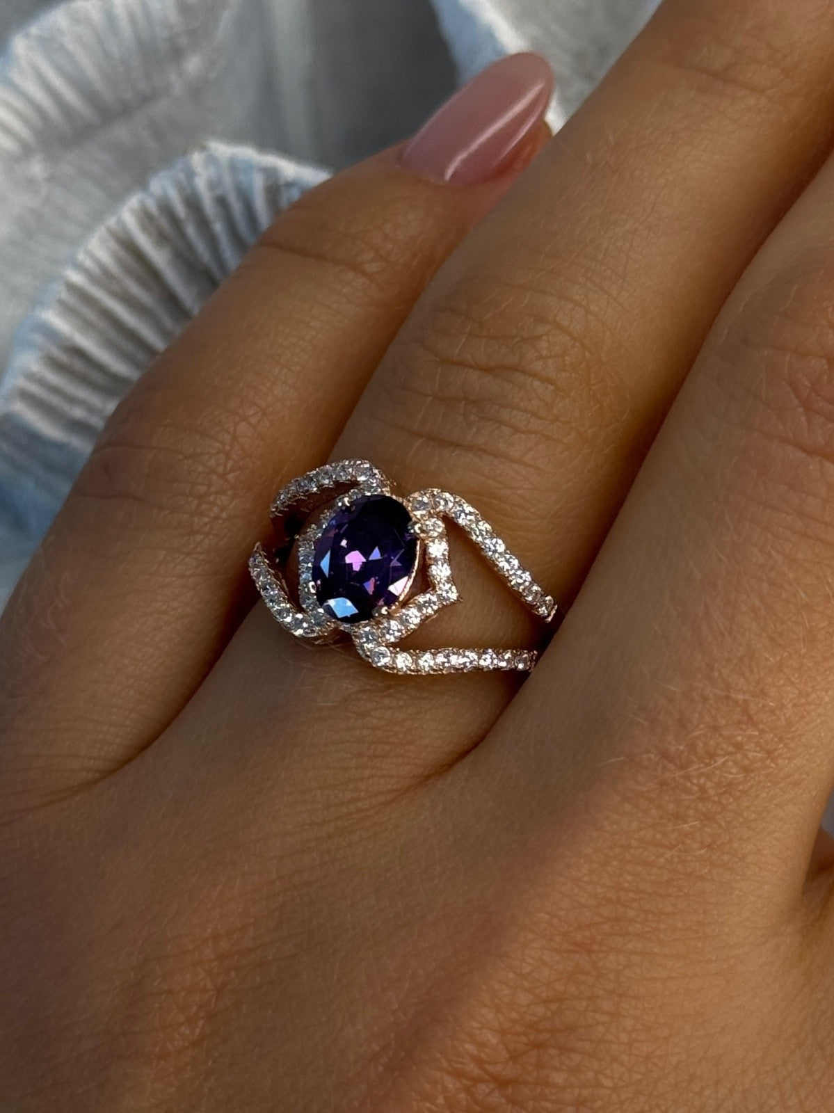 Rose Gold Plated 925 Sterling Silver Amethyst & Cz Ring Size 6