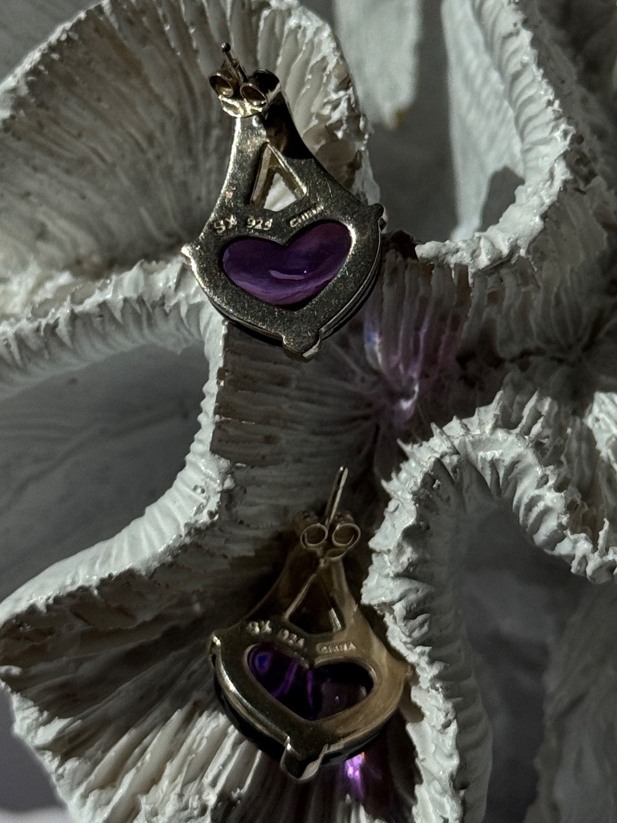 925 Sterling Silver Amethyst Heart & Marcasite Earrings Length 0.90 Inch