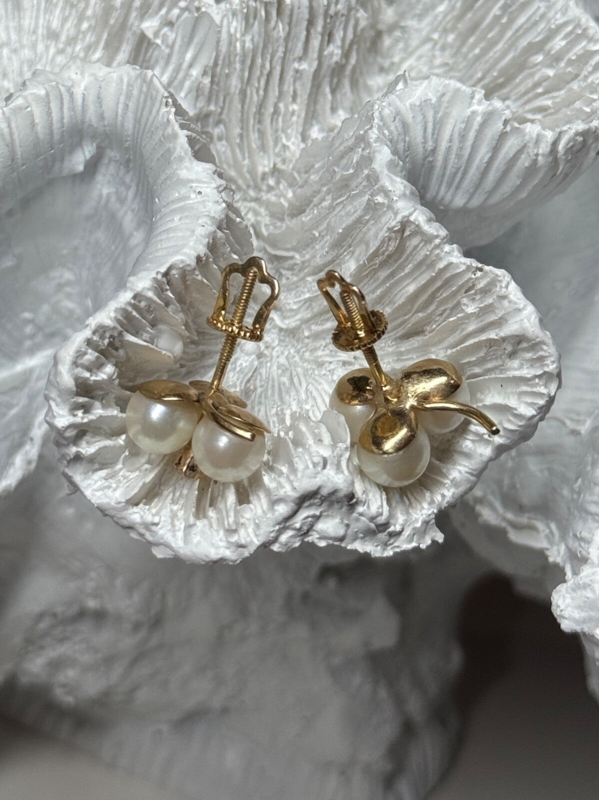 10K Yellow Gold Pearls & Diamonds Earrings Length 0.5 Inch