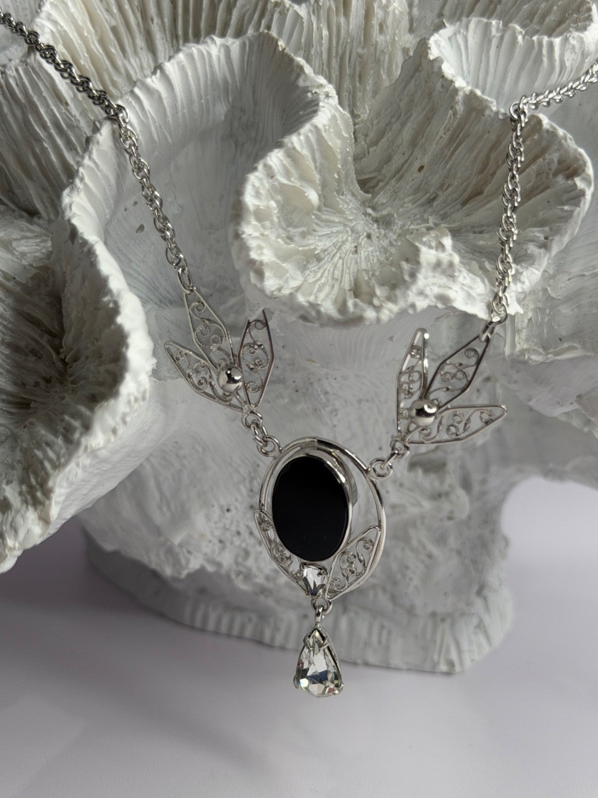 Elegant 925 Sterling Silver Onyx & White Sapphire Necklace