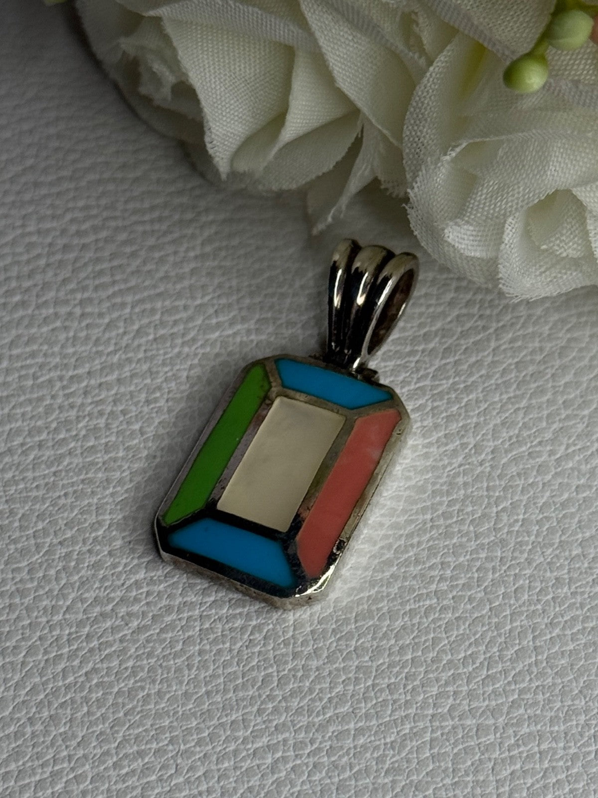 Vintage 925 Sterling Silver Abalone & Agate Pendant Length 1.40 Inch