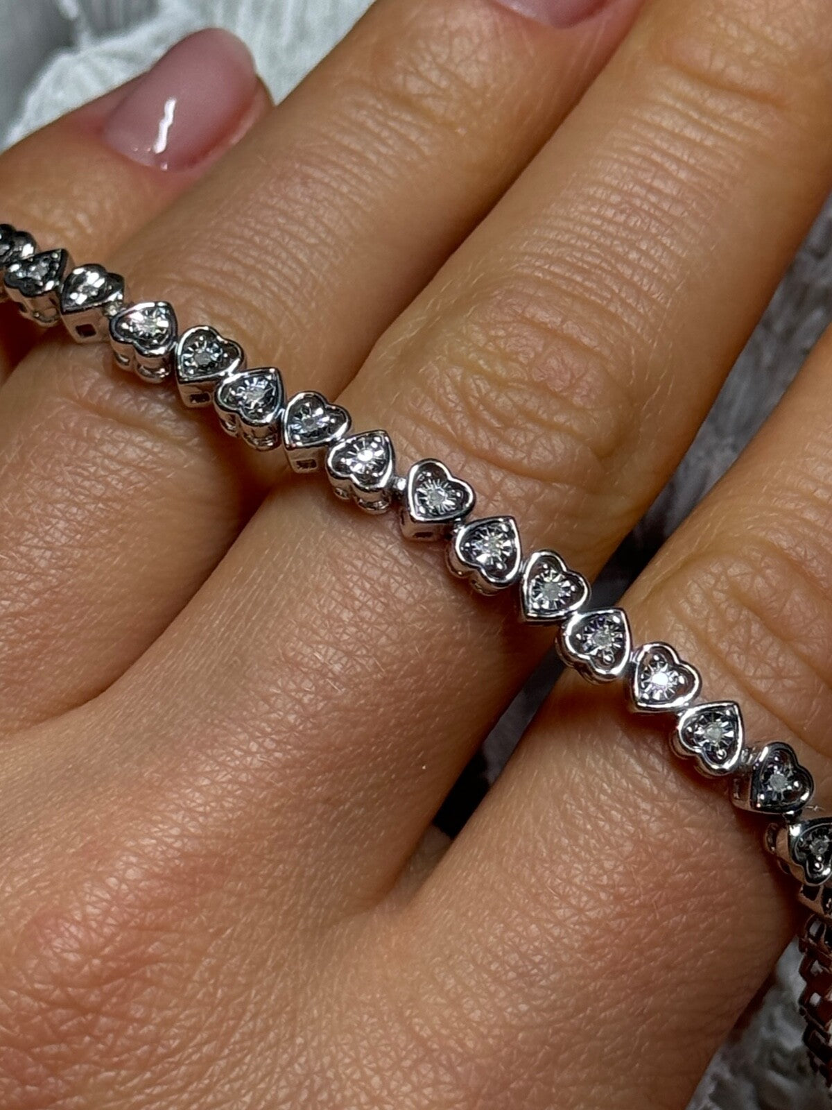 925 Sterling Silver White Sapphire Heart Bracelet Size 7 Inch