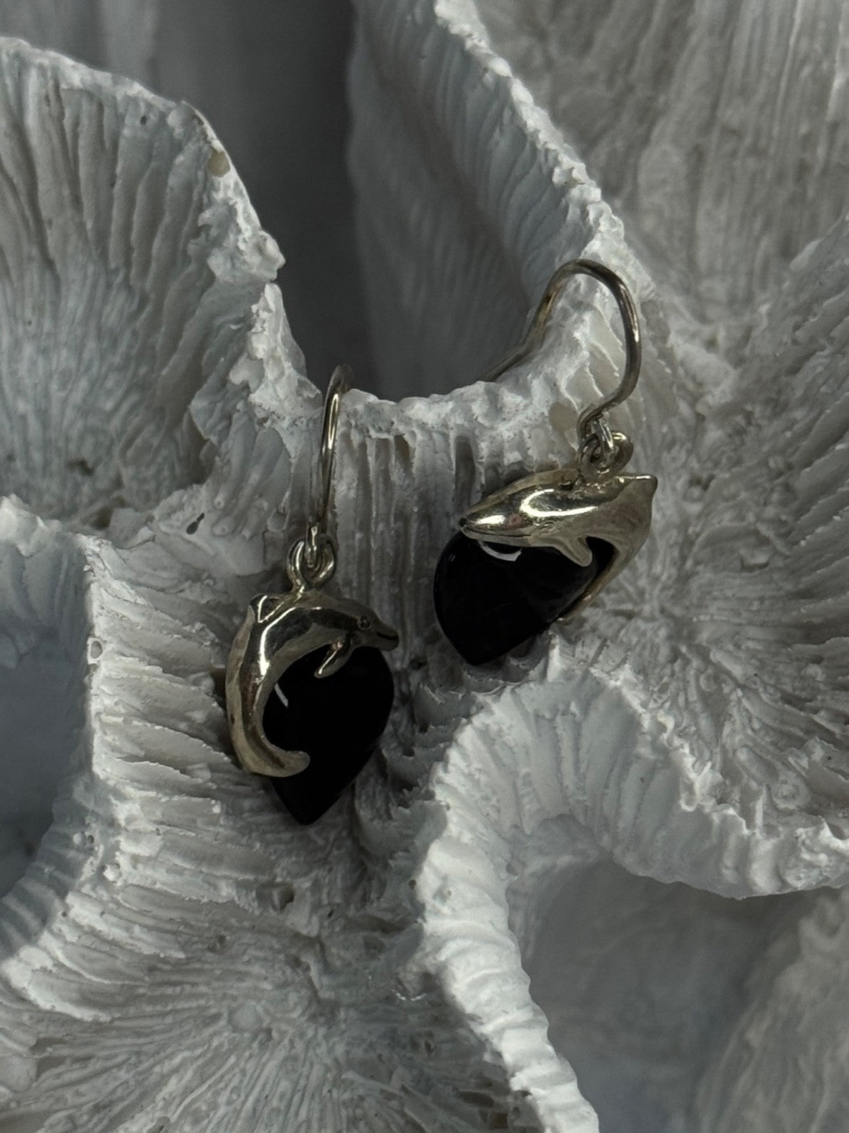 925 Sterling Silver Onyx Heart Dolphin Earrings Length 0.90 Inch