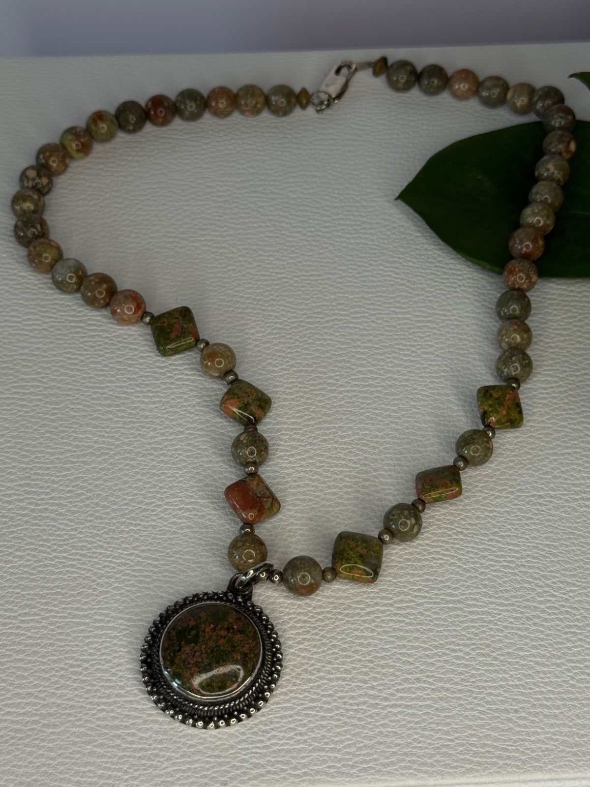 Vintage 925 Sterling Silver Unakite Necklace Length 17 Inch