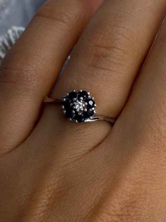 925 Sterling Silver Blue & White Sapphire Flower Ring Sizable