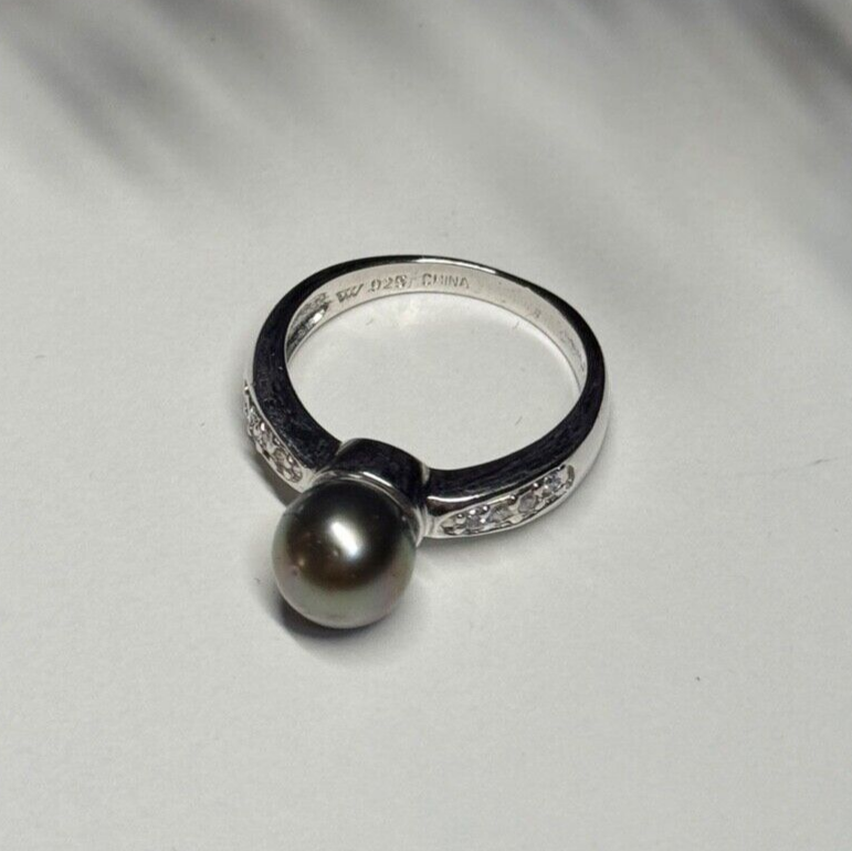 925 Sterling Silver Pearl & Beryl Ring Size 5.5