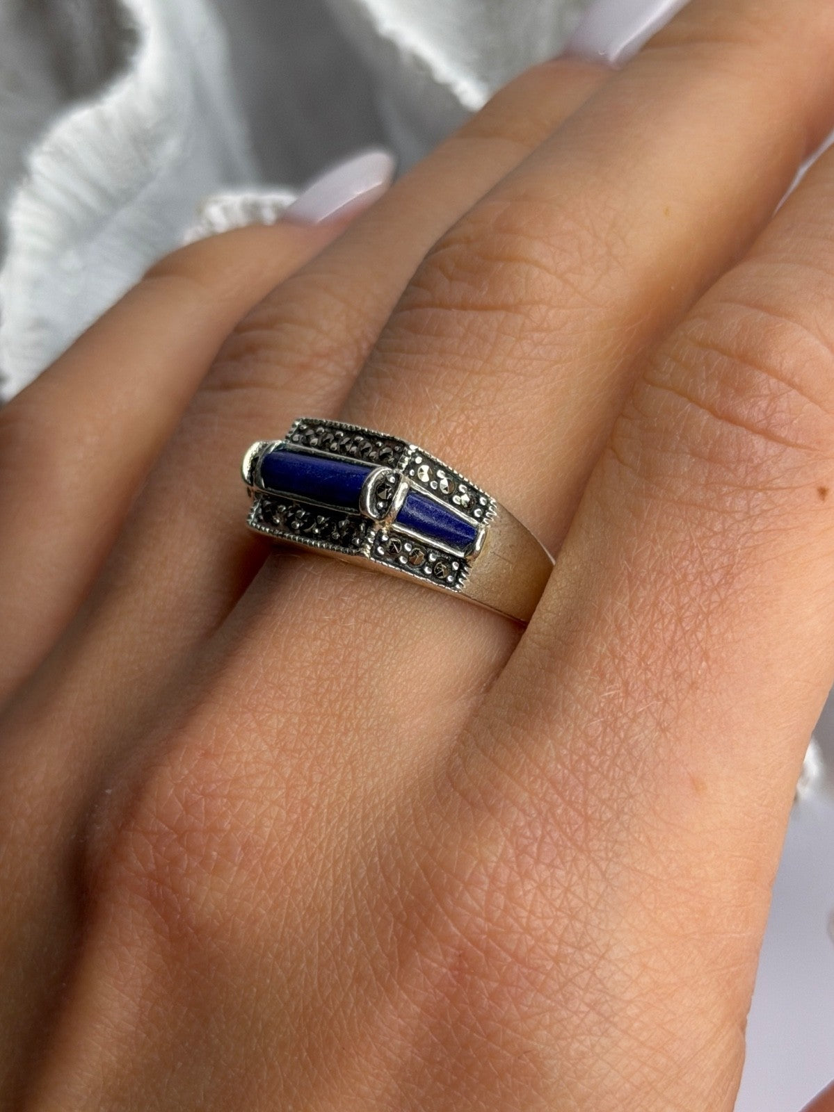 925 Sterling Silver Sodalite & Marcasite Ring Size 9
