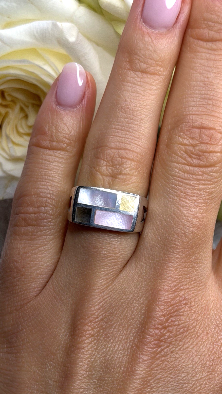 Vintage Modernist 925 Sterling Silver Ring Abalone Stone Mosaic Size 6.5