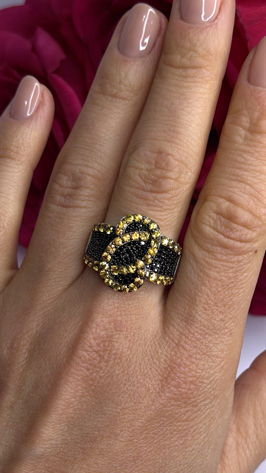 925 Sterling Silver Black Spinel & Yellow Sapphire Ring Size 10