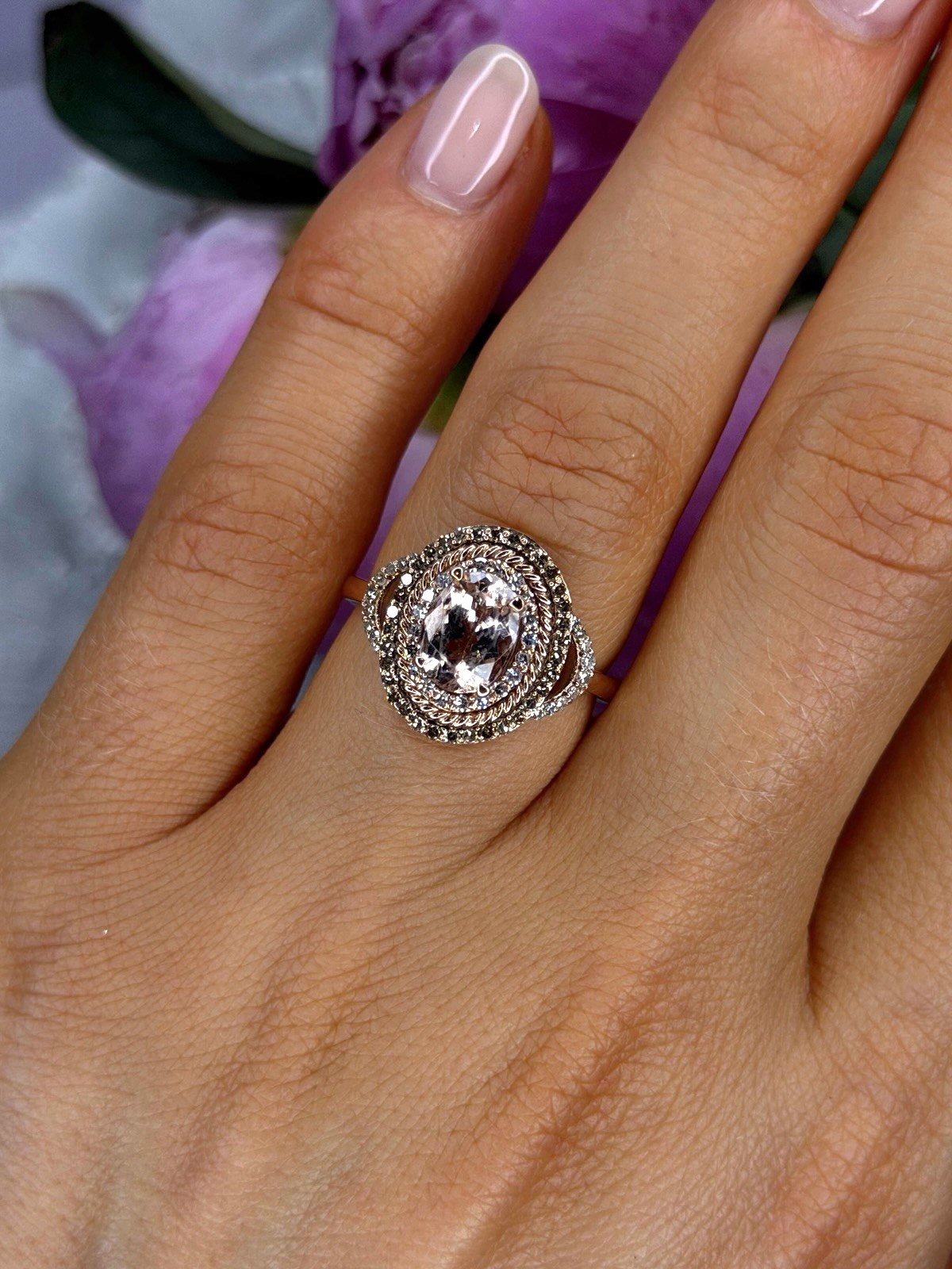 10K Rose Gold Morganite White & Chocolate Diamonds Ring Size 7