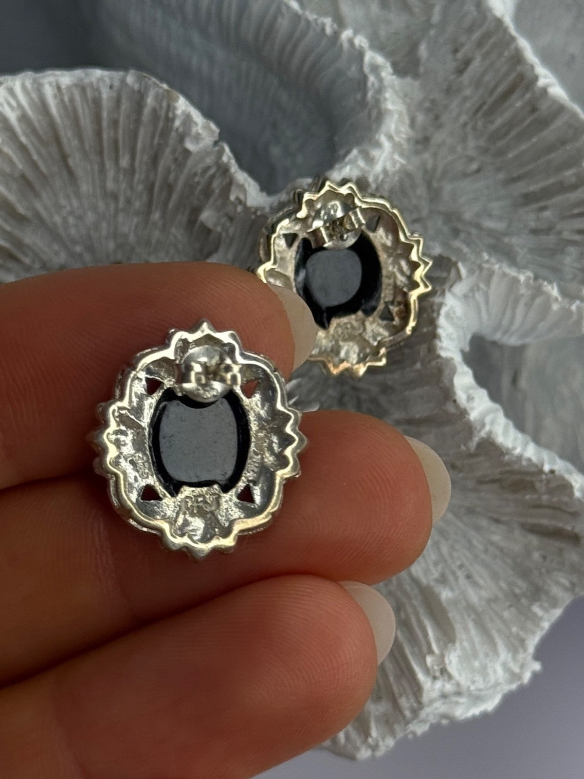 925 Sterling Silver Victorian Cameo Carved Shell Marcasite Earrings